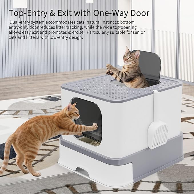 RIZZARI Stainless Steel Litter Box: Extra Large Design Prevents Leaks - Light Gray Enclosed Cat Pan - Odors Control for Cats Under 25 lbs - Bathroom Living Room Use