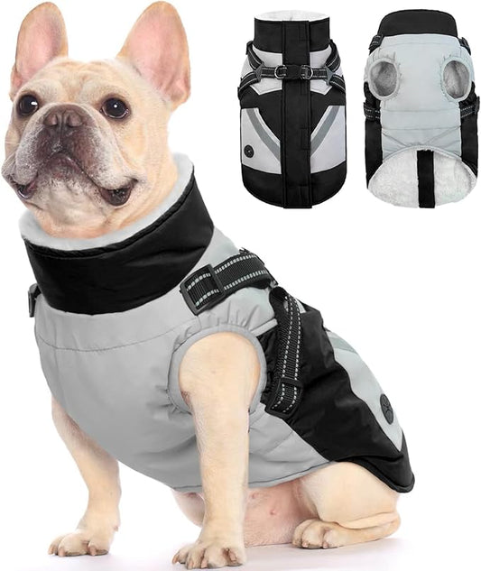FUAMEY Dog Winter Jackets for Small Dogs,Dog Coat with Harness Built in,Waterproof Dogs Snowsuits Warm Pet Jacket Zip Up Fleece Cold Weather Coats Reflective Puppy Vest with Pocket Black S
