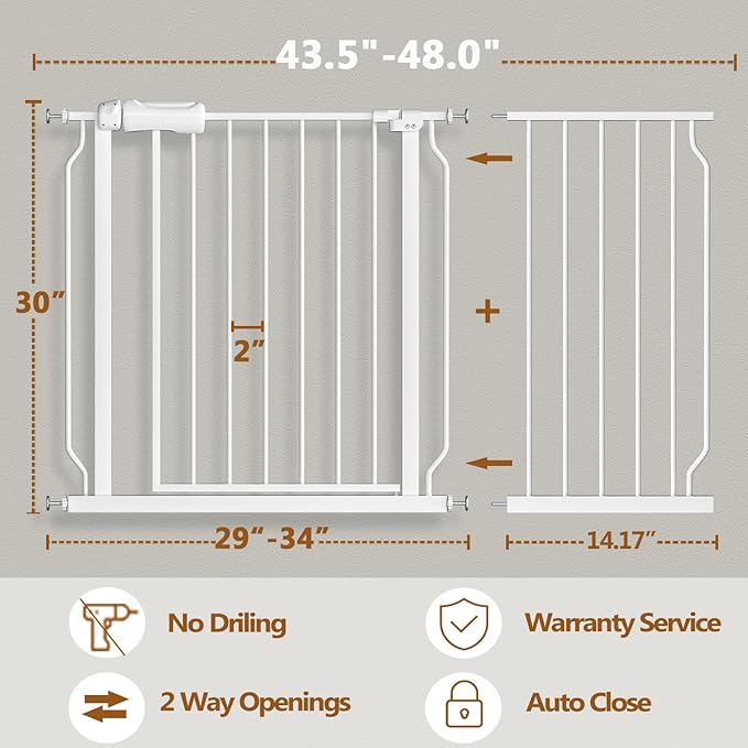 Fairy Baby Easy Step Safety Gates for Doorways Extra Wide Pet Gate for Dogs, 43.5 Inch to 48 Inch with Pressure Mounted Extention Kit, White