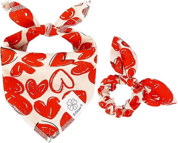 E-Clover Cute Bandana & Matching Scrunchie-Heart Dog Bandanas Red Pet Scarf Bib for Small Dogs Puppy Girl Boy Owner Mothers Day Mom Gift