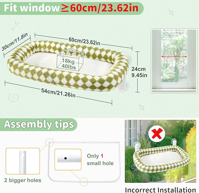 Sunhoo Cat Window Perch Bed Foldable Kitty Windowsill Hammock Shelf Seat Large Cats Suction Cup Indoor Kitten Window Sill Lounger with Soft Plush Cushion Machine Washable 21.26 * 11.8in (Green, M)
