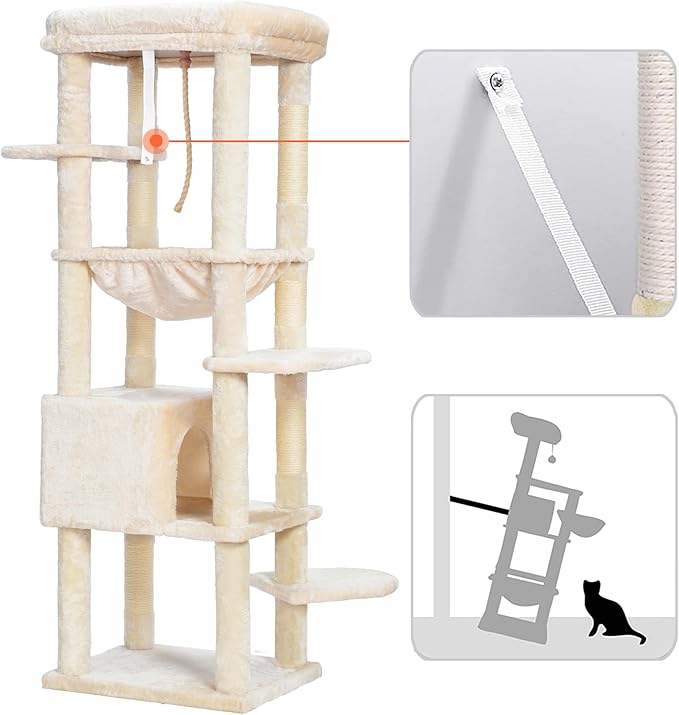 Heybly Cat Tree for Large Cats 20lbs Heavy Duty,60 inches XXL Cat Tower for Indoor Cats, Multi-Level Furniture Condo with Big Padded Plush Perch, Cozy Basket, Beige HCT050M