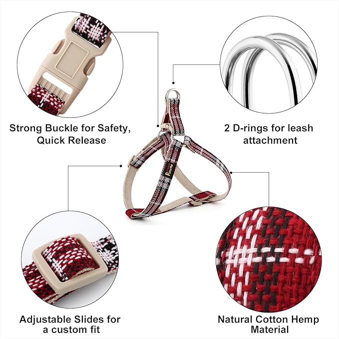 Plutus Pet Cotton Hemp Step in Dog Harness, Sustainable, Lightweight and Escape-Proof, Quick Fit Dog Harness for Puppy Small Medium and Large Dogs, Red Plaid, M