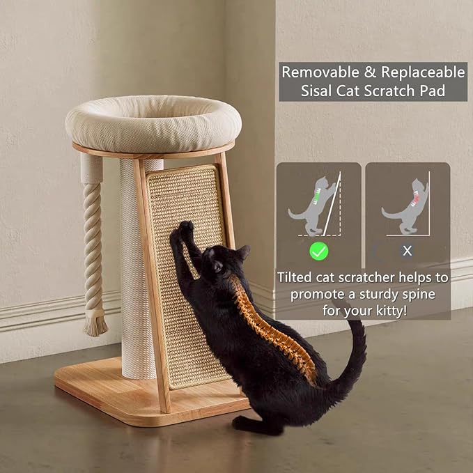 SHENGOCASE Modern Natural Wood Cute Multifunctional Cat Tree Tower Small, Large Top Perch Bed, Sisal Scratching Post, Tilted Angled Ramp Scratcher, Climbing Rope Toy