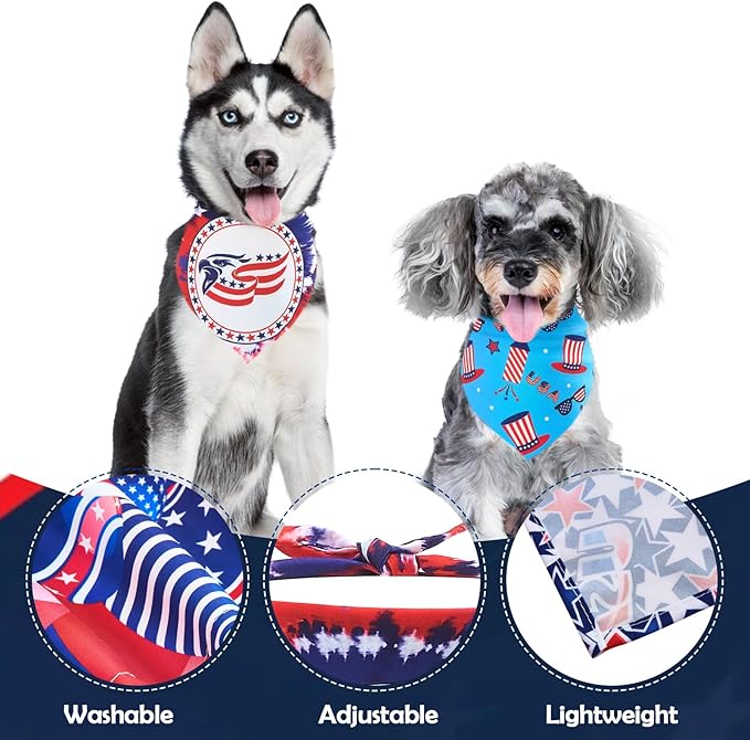 4th of July Dog Bandanas for Small Dogs Cats 7 Pcs Stitching Edge Patriotic Dog Bandanas Independence Day Flag Day Adjustable Puppy Scarves Grooming S