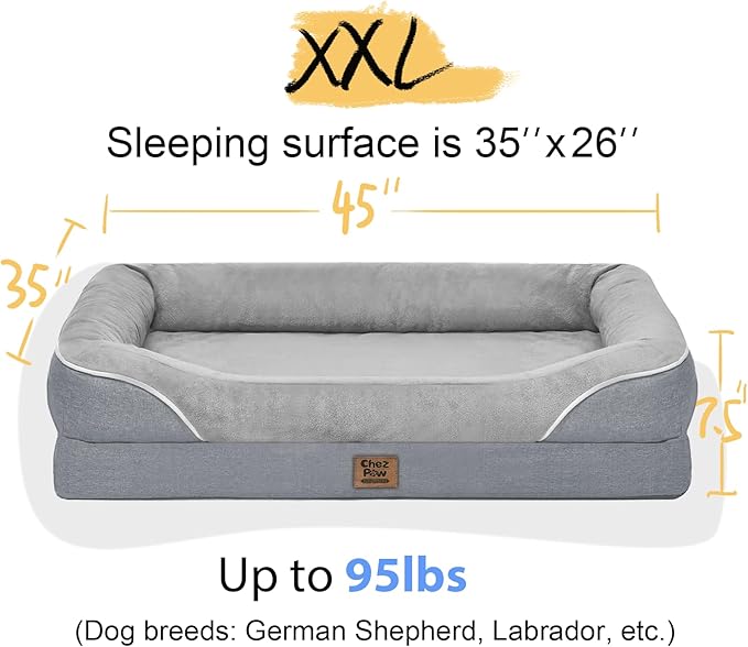 Washable Orthopedic Large Dog Bed - Extra Large Dog Beds with Bolsters Removable Orthopedic Foam Support Dogs Bed Waterproof Cover Non-Slip Bottom Pet Beds