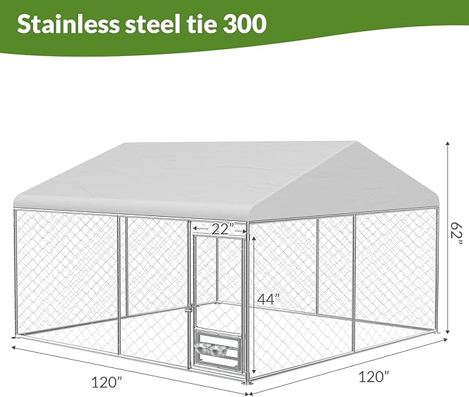Rovibek 10x10 Ft Dog Kennel Outside, Outdoor Dog Kennel with Roof, Dog Kennels Outdoor with Steel Rotating Feeder Bowls, Outside Kennel for Large Dogs