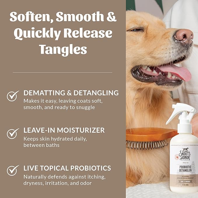 Skout's Honor Probiotic Pet Detangler Spray - Hydrating & Conditioning with Avocado Oi, 97% Natural, Paraben & Sulfate-Free, softens for a More brushable Coat, Daily Use, 8oz, Dog of The Woods