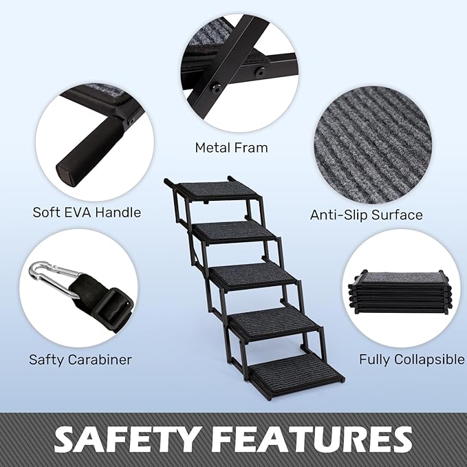 Dog Steps for Car, Truck and SUV - Foldable Pet Stairs for Large Dogs with Non-Slip Rug Surface, Lightweight Dog Ramp Holds Up to 250lbs, 5 Steps