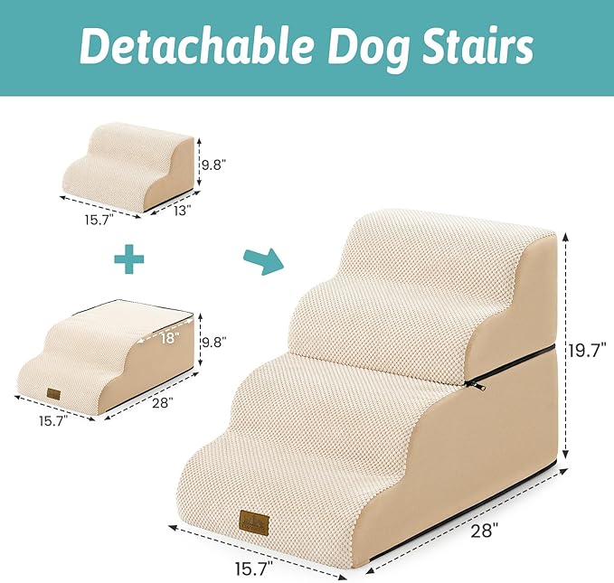 Dog Stairs for Small Dogs 19.7" H, Detachable Dog Step for Puppy or Older Cat, Ramp for Bed, Sofa, Couch or Chair, Ladder with High Density Foam, 15.7x28.3x19.7 inch, 4 Step, Beige