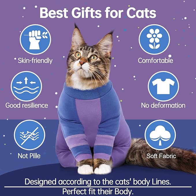 Sticky Hair Cat Clothes, Four-Leg Long Sleeve Cat Pajamas, Prevent Fur Shedding Kitten Onesie Shirts, Surgery Recovery Suit for Male Female, Wound Protection & Preventing Licking