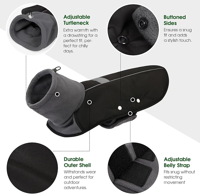 ASENKU Dog Coat, Dog Winter Jackets with Fleece Turtleneck, Windproof, Reflective Pet Snow Jacket for Cold Weather,Coats for Extra Large Size Dogs, Black, XXXXL