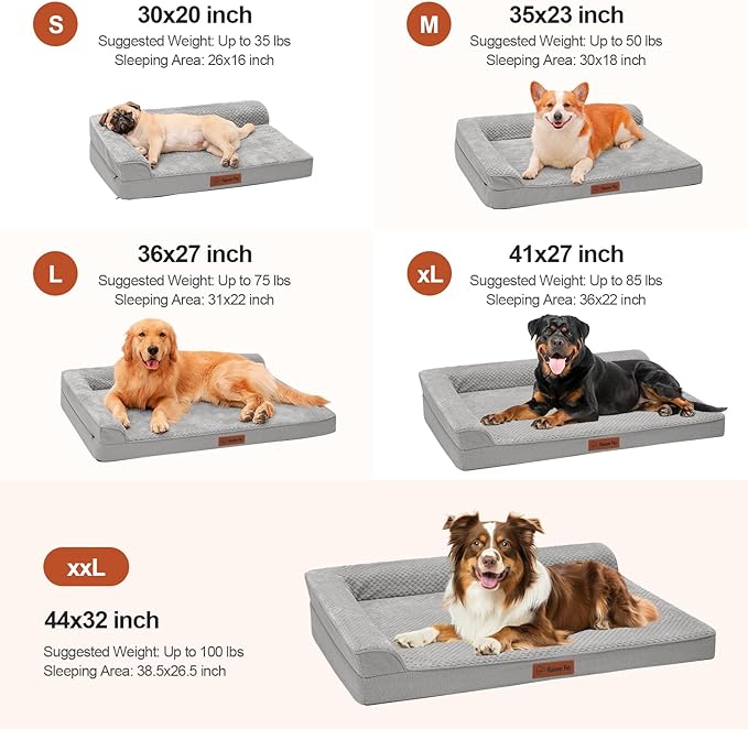 Orthopedic Dog Beds Large Sized Dog, Memory Foam Pet Bed for Large Dogs, Washable Removable Cover, Nonskid Bottom, Waterproof, 44x32x6 Inches, Light Grey