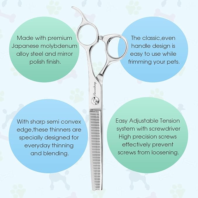 Dog Cat Scissors for Grooming, Pet Shears for Thick Coats and Matted Hair, Thinner Curved Straight Chunker Stainless Steel Shears (7.0" Thinner Silver)