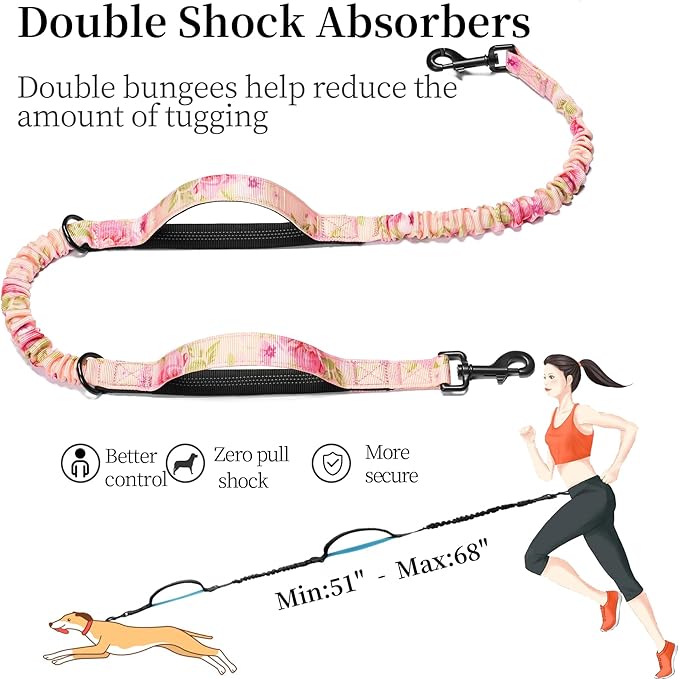 iYoShop Hands Free Dog Leash with Zipper Pouch, Dual Padded Handles and Durable Bungee for Walking, Jogging and Running Your Dog (Pink Sakura, Large)