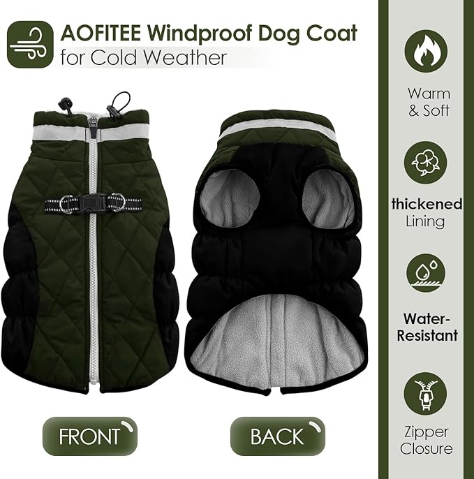 AOFITEE Dog Coat, Warm Dog Winter Coat, Reflective Cold Weather Dogs Puffer Jacket with Harness Built in, Waterproof Pet Fleece Vest Snowsuit for Small Medium Large Dogs, Green L