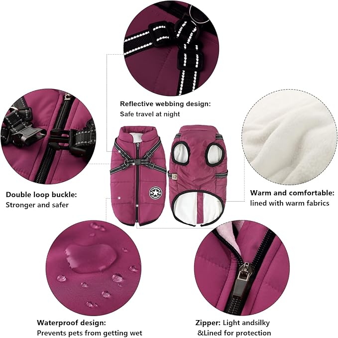Aiboria Dog Jackets Coat for Winter Windproof Waterproof Skiing Fleece Warm Dogs Vest with Chest Strap Belt Purple XL