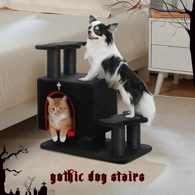 Gothic 3-in-1 Dog Stairs & Cat Scratching Post with Condo - Pet Steps for High Beds, Sofa & Couch, 3-Tier Cat Tower with Sisal Scratching Pad for Small Dogs, Cats & Kittens, Black