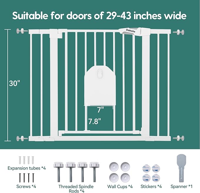 Babelio Auto Close Baby Gate with Cat Door,29-43" Metal Gate for Doorway,Stairs, House,Easy Walk Thru with Pet Door,Includes 4 Wall Cups and 3 Extension Pieces,White