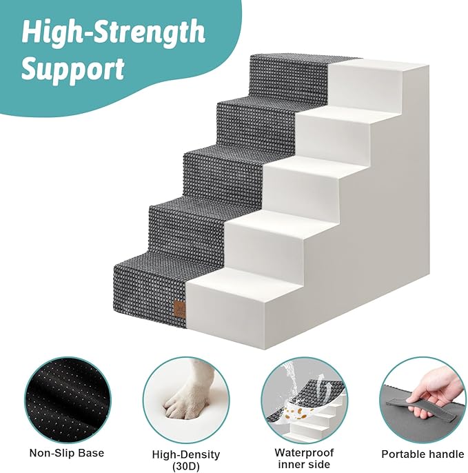 Dog Stairs for Small Dogs, 5 Tier Wider Pet Stairs for High Beds, 23.6" H Non-Slip Dog Steps for Old Cats, Puppies, Small Medium Dogs, 19.7x29.5x23.6 inch, Dark Grey