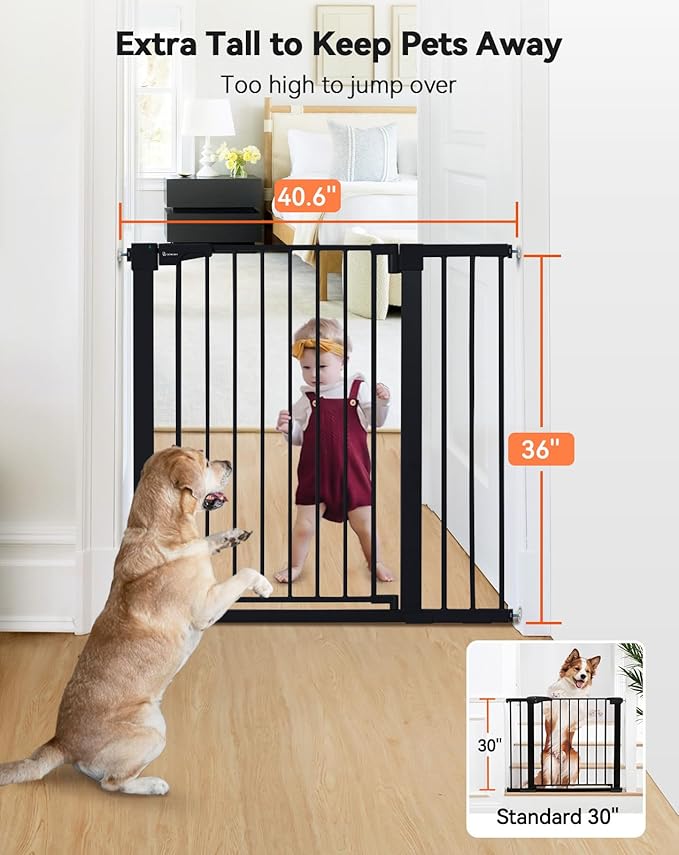 COMOMY 36" Extra Tall Baby Gate for Stairs Doorways, Fits Openings 29.5" to 40.6" Wide, Auto Close Sturdy Safety Dog Gate for House, Pressure Mounted Easy Walk Through Pet Gate with Door, Black