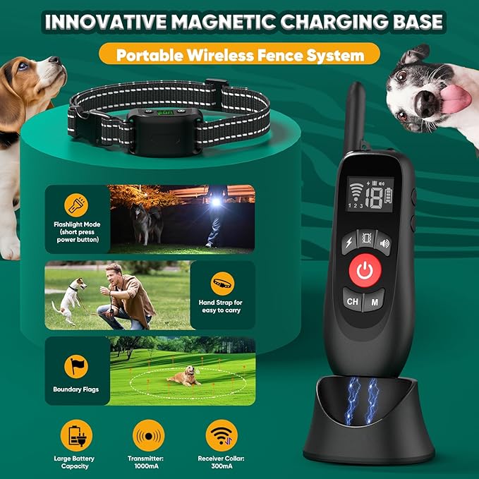 Wireless Dog Fence, Portable Electric Fence for Dogs with Remote Training Collar, Magnetic Charging Base, Outdoor Pet Containmen System for Yards, Adjustable for Medium Large Dogs