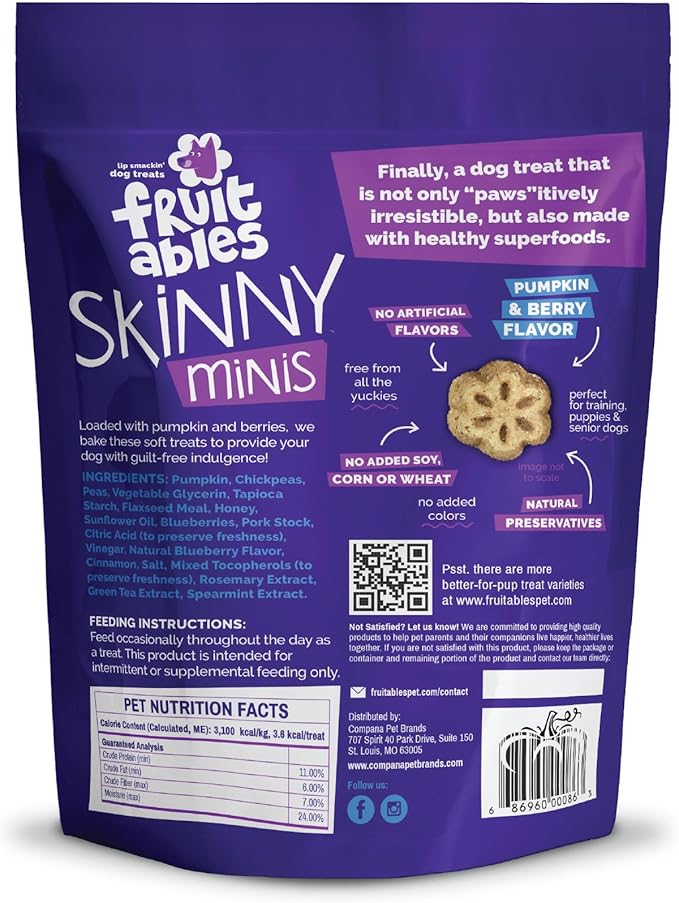 Fruitables Skinny Mini Dog Treats, Healthy Pumpkin Treat for Dogs, Low Calorie & Delicious, Puppy Training, No Wheat, Corn or Soy, Made in The USA, Pumpkin and Berry Flavor, 12oz