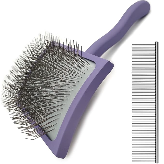 Slicker Ergonomic Wooden-Handle Long-Pin Brush for Poodles, Goldendoodles & Other Long-Haired Dogs (purple)