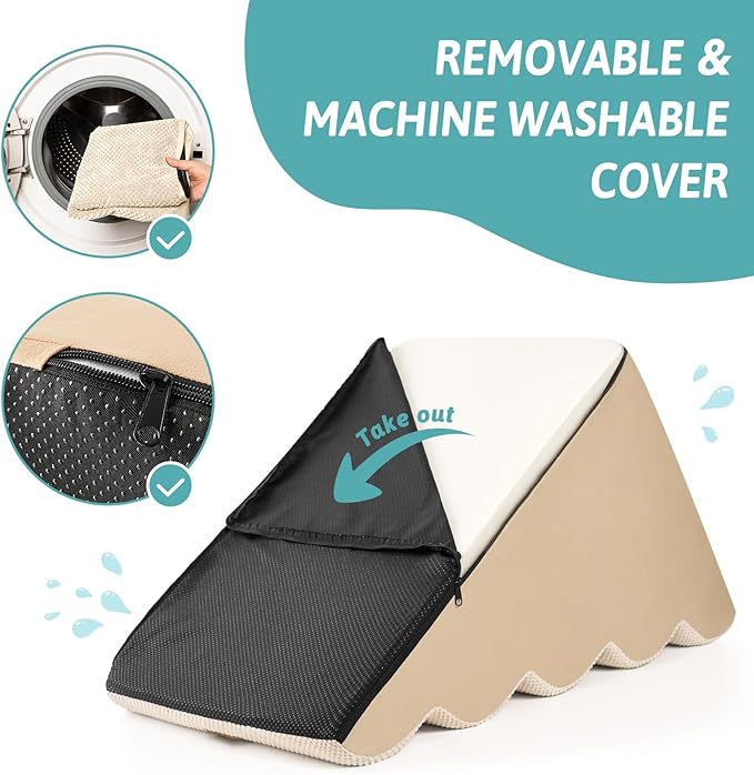 Wide Dog Stairs for Small Dog 22.6" H, Curved Pet Step for Puppy, Older Cat, Curved Ramp for High Bed or Car, Ladder with High Density Foam, Durable, 5 Step, 17.7x33x22.6 inch, Beige