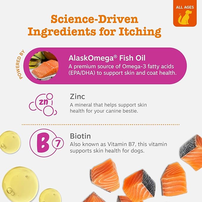 Zesty Paws Itch Relief for Dogs - Chews for Itching Skin & Coat - Omega-3 Fish Oil with EPA & DHA - Dog Allergy Relief Chews Supplement - Vitamin C & E Antioxidant Support - Chicken Flavor - 90 Count