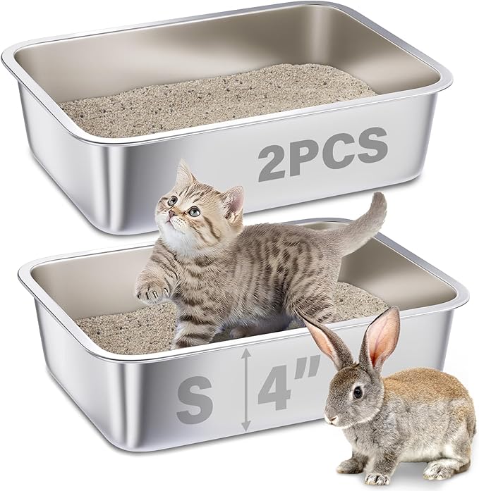 Stainless Steel Cat Litter Box Small,Cat Litter Box for Kitty/Rabbits Easy to Clean,Metal LitterBox for Kitty/Kitten or Bath Pan,Non Stick, No Smell,15.5" L x 11.7" W x 4" H