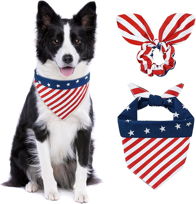 E-Clover 4th of July Dog Bandanas & Matching Scrunchie Set American Flag Dog Scarf Washable Patriotic Pet Bandana Triangle Kerchief Bibs for Medium Large Dogs Owner Gifts