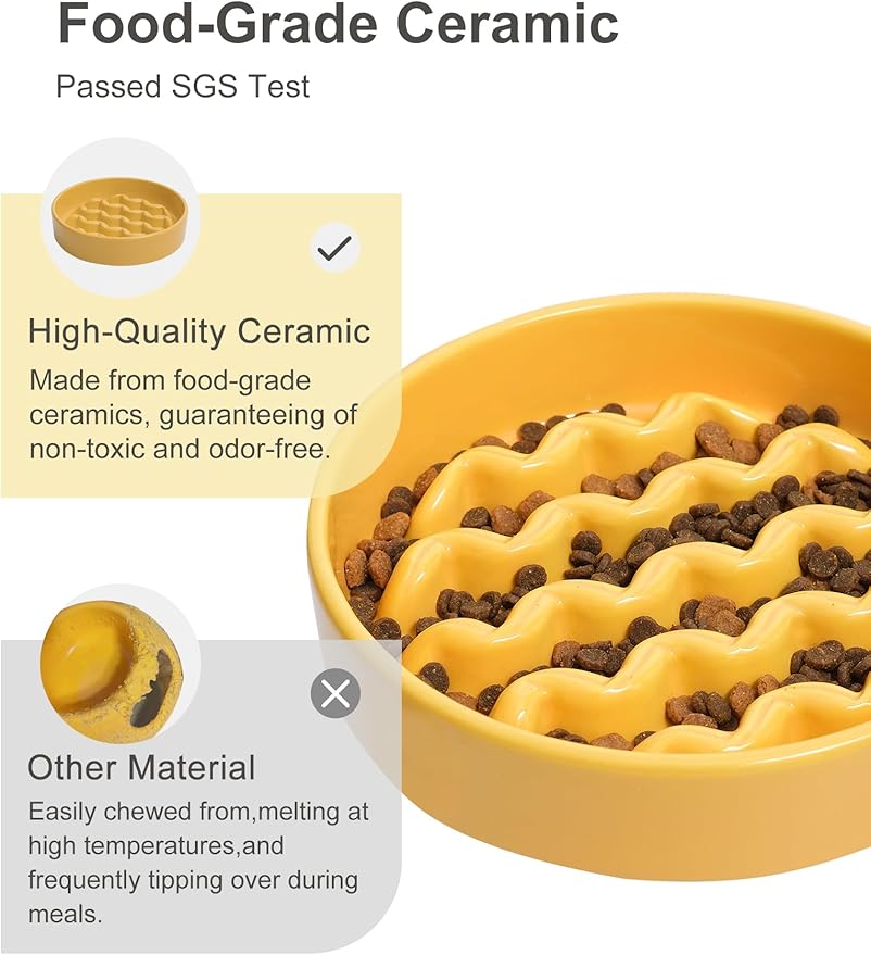 Ceramic Maze Dog Slow Feeder with Non-Slip Silicone Rim – Heavy-Duty Stoneware Bowl with Puzzle Pattern for Bloating & Obesity Prevention (Yellow-M)