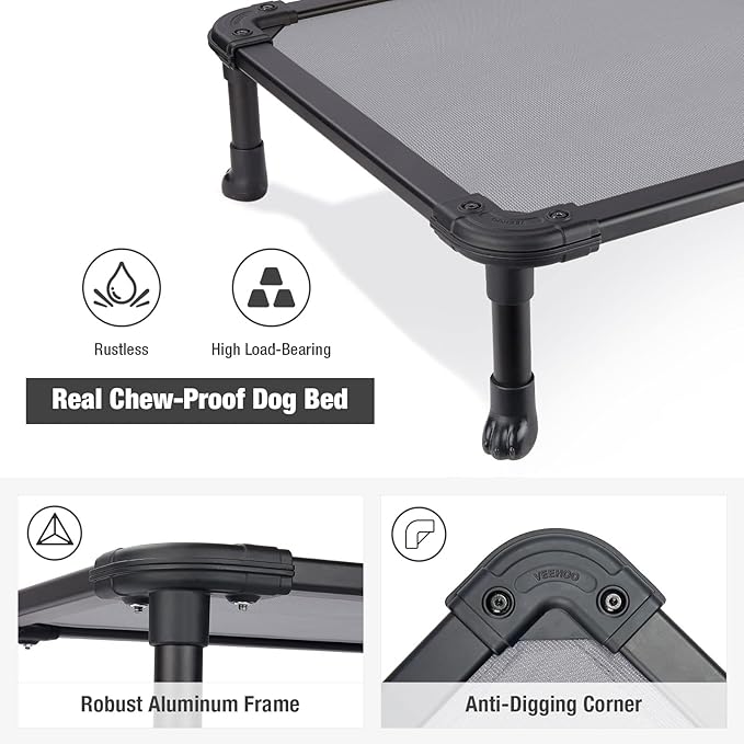 Veehoo Chew Proof Elevated Dog Bed - Cooling Raised Pet Cot - Rustless Aluminum Frame and Durable Textilene Mesh, Unique Designed No-Slip Feet for Indoor or Outdoor Use, Grey, Medium, CWC2002