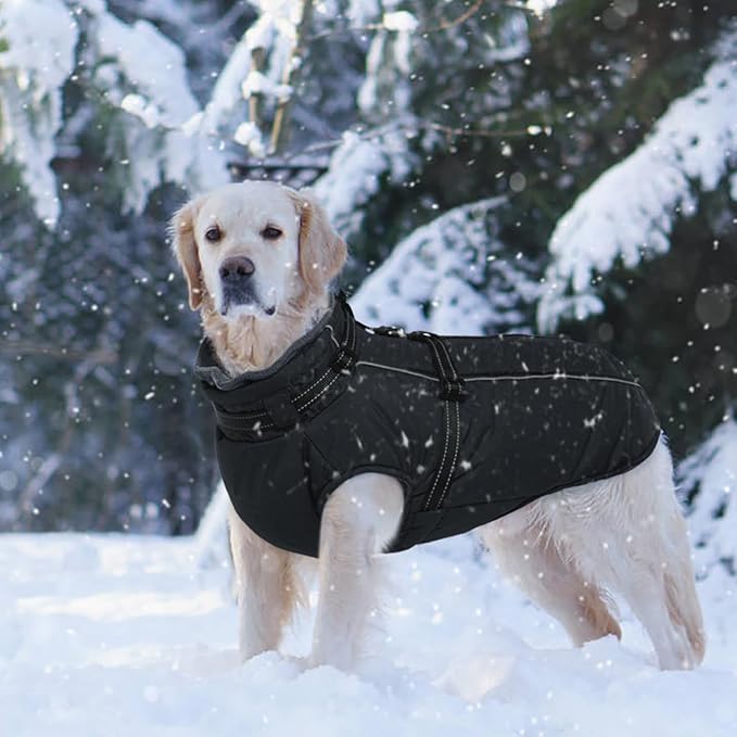 Lelepet Dog Coat for Large Dogs Waterproof Dog Jacket with Harness Built in Reflective Fleece Jacket with Zip Warm Winter Coats for Dogs Cold Weather Thermal Pet Snowsuit, Border Collie, Black, XL