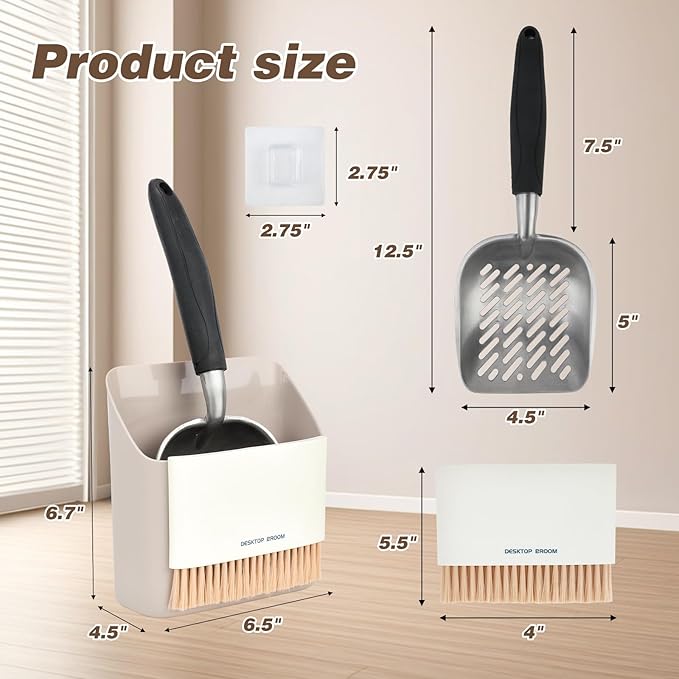 4 in 1 Wall-Mounted Litter Box Organizer Cleanup Kit, Metal Cat Litter Scoop with Holder Mini Broom, Litter Scooper with Dustpan Cat Caddy, Aluminum Poop Sifting Kitty Shovel Capture Clump