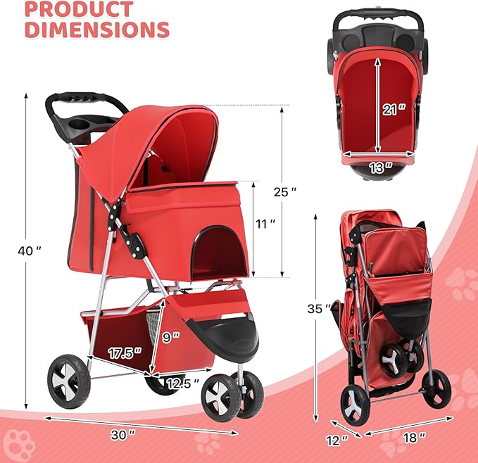 Magshion 3-Wheel Pet Stroller, Foldable Travel Jogger for Small & Medium Dogs & Cats (Up to 33lbs), Lightweight Carrier with Breathable Mesh Cover, Cup Holder & Storage Basket, Red