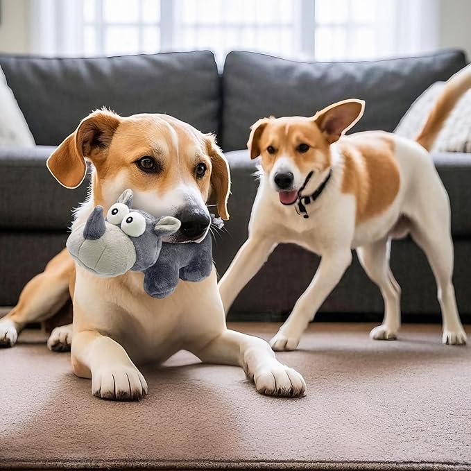 Squeaky Dog Toy Cute Chew Toys with Crinkle Paper Durable Hours of Fun for Small Puppy Middle and Large Dogs Stuffed Toys Rhinoceros