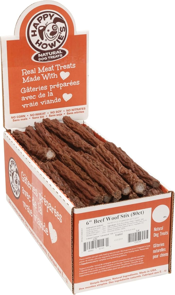 Happy Howie's Woof Stix - Healthy Dog Treats, Flavorful Slow Cooked Beef Stick, Natural Ingredients, Hormone Free - Beef, 80 Count (Pack of 1)