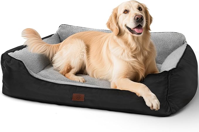 Dog Beds for Extra Large Dogs, Orthopedic Washable Pet Bed with Sides, Big Dog Couch Sofa with Non-Slip Bottom, 43”x35”x9”, Black