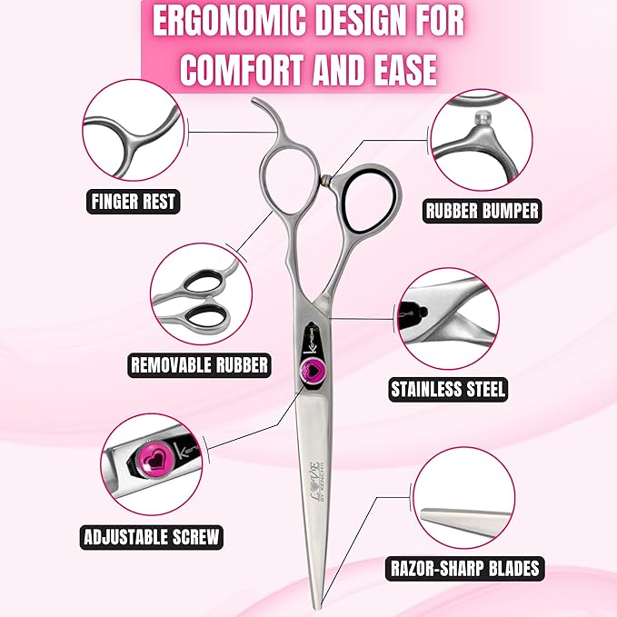 Kenchii Love Dog Grooming Scissors, 7 Inch Straight Shears, Dog Scissors for Grooming, Professional Pet Grooming Scissors, Ergonomic & Comfortable
