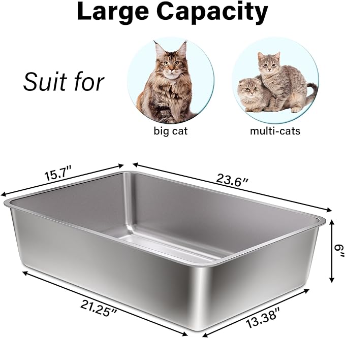 Stainless Steel Litter Box XL, 23.6" X 15.7" X 6" Steel Litter Box,Extra Large Metal Litterbox for Big Cat, Multiple Cats,Non Stick and No Smell, Easy Cleaning