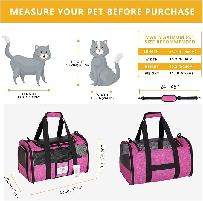 Cat Carrier for Cats Small Dogs, Kitten,Puppy Pet Carrier for Small Medium Cats Under 15lb, Collapsible Soft Sided TSA Approved Travel Carrier, Red