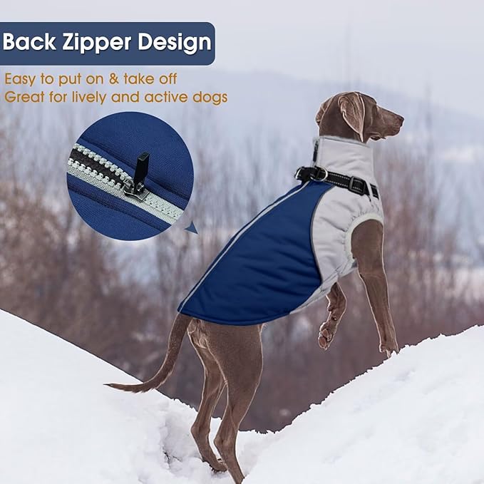 Dog Coat Waterproof,Warm Dog Winter Jacket with Harness Built in Windproof Snow Jakcet with Fleece Lining Reflective Thermal Cold Weather Coats for Large Dogs,Windproof Pet Snowsuit,Blue,L