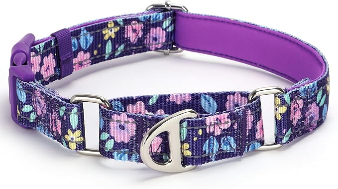 Heavy Duty Martingale Collar for Dogs - Reflective Nylon with Quick Release Buckle & Purple Flowers Design - No Slip Choke Collar for Training, Walking & Nighttime Safety S