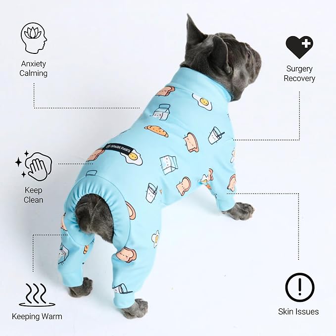 Spark Paws Dog Pajama, Dog Recovery Suit Male, Onesie, Ultra-Soft and 4-Way Stretch, for Small Medium and Large Breeds - Breakfast Blue - M