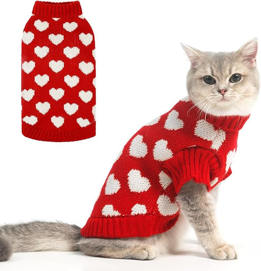 KOOLTAIL Cat Turtleneck Sweater - Soft Knit Cat Christmas Sweater, Heart Love Pattern, Thick Warm Cold Weather Clothes for Small to Large Kittens & Puppies, Red