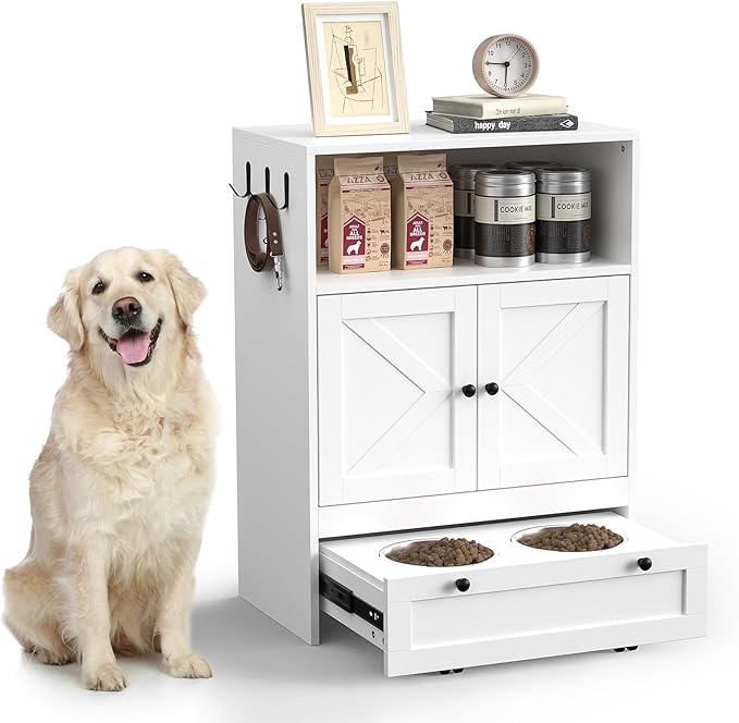 Giluta 32" High Dog Feeding Station with 2 Elevated Bowls, Pet Organizers and Storage Cabinet with 3 Hangers, Pet Feeder Station, Hidden Pet Storage Cabinet for Cats and Dogs