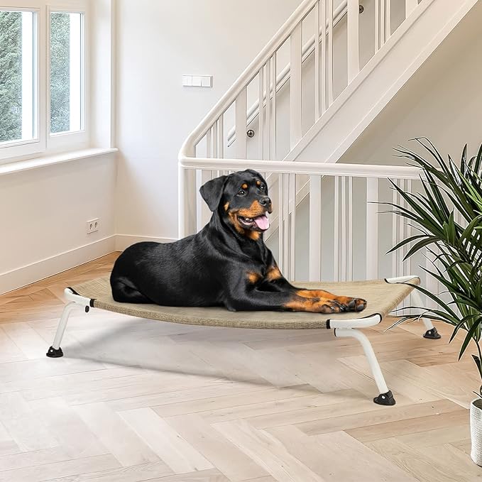 Veehoo Elevated Dog Bed for Outdoor, Cooling Waterproof Raised Dog Cots Beds XL, Curved Off Ground Pet Hammock Cot Lifted for Outside, up to 150lbs, White Legs, Beige 49"