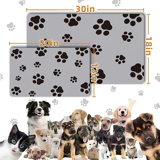 Pet Feeding Mat Dog Cat Food Mat for Floors Waterproof Food and Water Bowl Mats for Indoor Absorbent Non-Slip Dog Food Mat Quick Dry Pet Food Mats 12x20in Light Gray